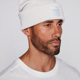 Cuffed Knitted Beanie With Large Logo Patch -BONE