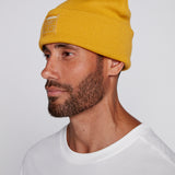 Cuffed Knitted Beanie With Large Logo Patch - MUSTARD