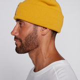 Cuffed Knitted Beanie With Large Logo Patch - MUSTARD