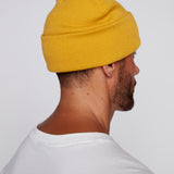 Cuffed Knitted Beanie With Large Logo Patch - MUSTARD