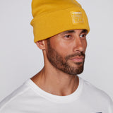 Cuffed Knitted Beanie With Large Logo Patch - MUSTARD