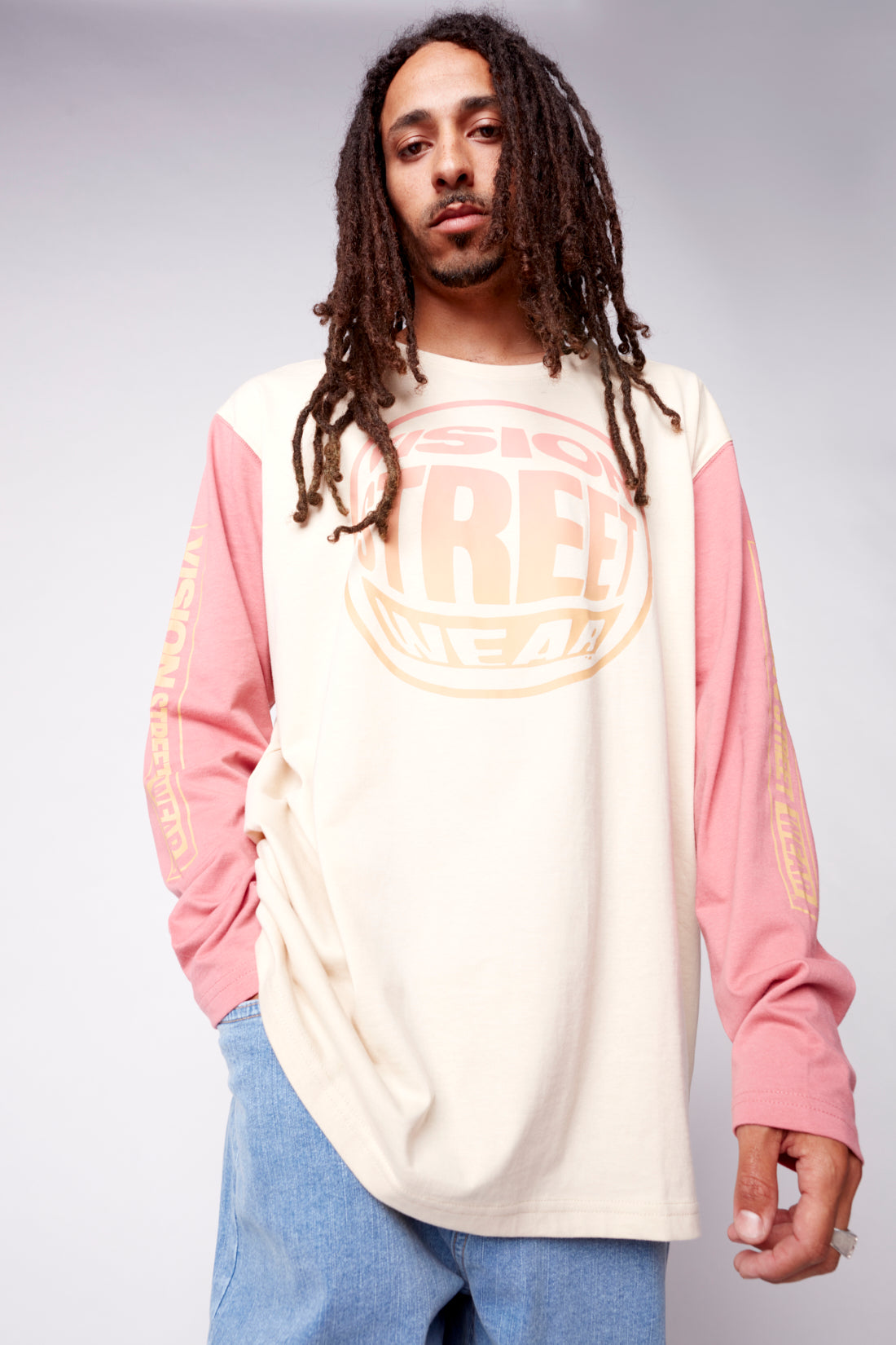 Vision Street Wear Fisheye Large Logo Print T-Shirt Bone & Dusty Rose